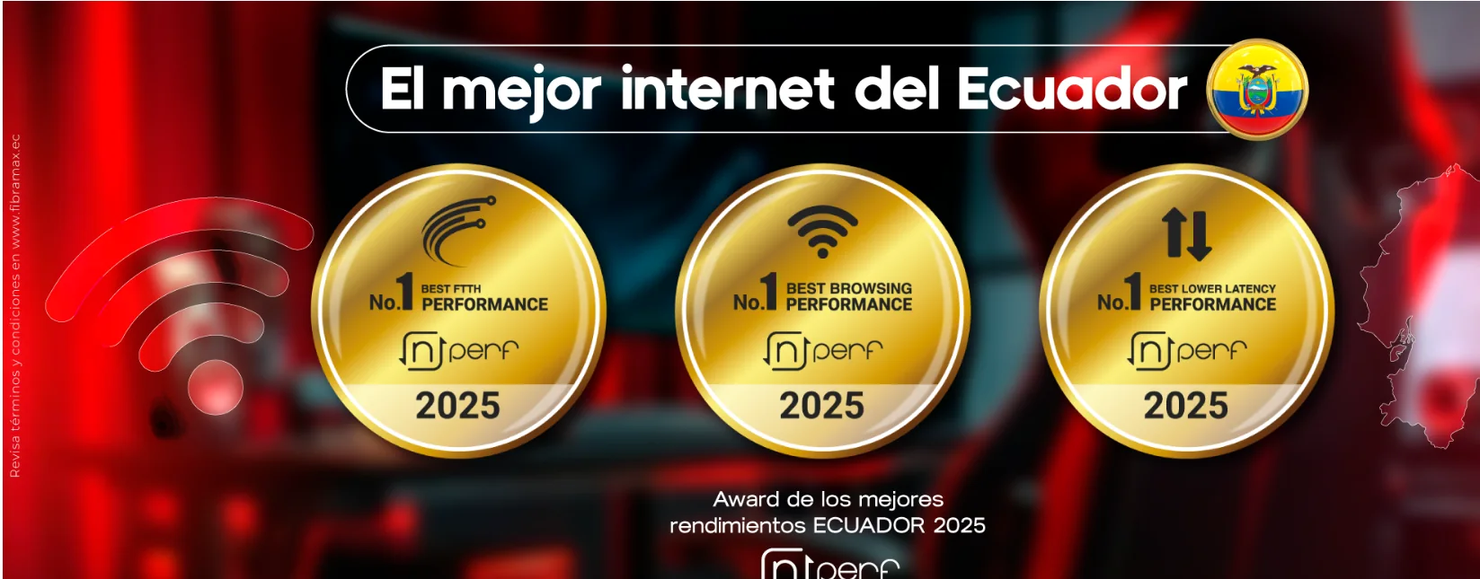 El mejor internet del Ecuador. Fibramax recibió tres premios nPerf 2025: No. 1 en rendimiento FTTH, No. 1 en experiencia de navegación y No. 1 en menor latencia.
